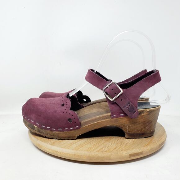 Sandgrens Shoes - Sandgrens Milan Clogs Womens 36 Plum Nubuck Leather Scalloped Edge Straps Shoes